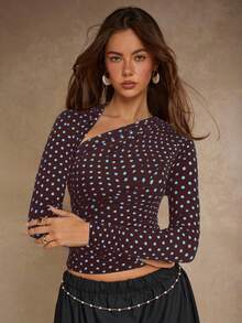 COSMINA Women's Polka Dot Print Asymmetric Collar Long Sleeve Fitted Fashionable T-Shirt, Fashion Top,Coffee&Blue Polka Dot - Coffee Brown - View 1