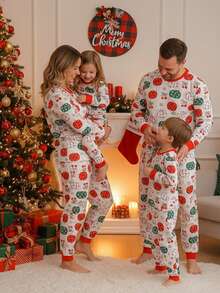 2 Stück Weihnachts-Baby-Mädchen Grafik-Muster Langarm Bodysuit und Leggings Pyjama Set