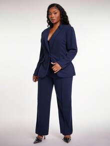 SHEIN SXY Plus Size Women 3-Piece Set: Long Sleeve Blazer, Camisole, And Pants, Sexy Outfit For Commute And Date, Deep Blue Autumn Winter Clothes For Women - Navy Blue - View 7