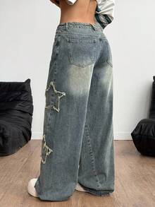 Coolane Tween Girls  Fall/Winter,Warm/ Cold Weather/ Thermal,Streetwear Rapper Comfortable Athleisure Grunge Star Pattern Washed Comfortable  Jeans,Christmas, Clothes For New Year,Thanksgiving - Blue - View 4