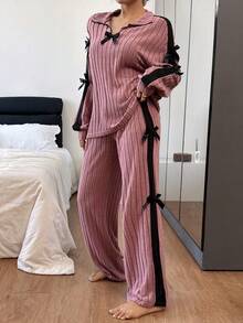 SHEIN Dream Adore 可爱罗纹拼接撞色滚边蝴蝶结装饰女士长袖上衣和裤子睡衣套装，秋冬服装 - 藕粉色 - 查看 4