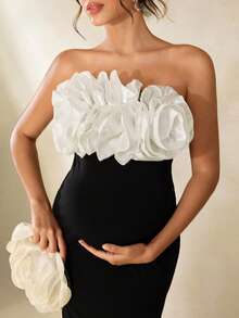 Cheriluna Maternity 浪漫优雅3D立体花卉高弹力面料孕妇写真礼服，正式礼服/优雅派对礼服/黑色礼服/碎花礼服 - 彩色 - 查看 7