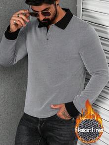 Manfinity CasualCool 男士保暖内衬撞色领休闲长袖 Polo 衫，男士毛衣上衣，男士针织衫，男士长袖 Polo 衫，男士纽扣针织 Polo 衫，灰色上衣，适合日常休闲、周末旅行、户外活动、探险旅行、轻松的工作环境或半正式场合，也是送给男友/丈夫、周年纪念日或圣诞节的理想礼物。 - 黑色 - 查看 5