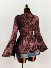 Amplova Plus Size Women Sexy Baroque Party Top Burgundy - Multicolor - View 6