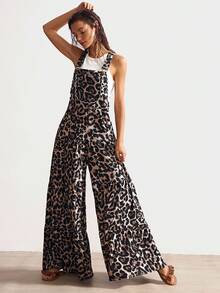 Bohemela Western Style Casual Knit Leopard Print Wide Leg Bib Pants - Multicolor - View 4