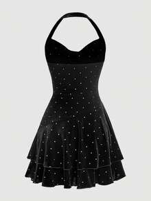 SHEIN MOD Draped Collar Solid Ruched Layered Ruffle Hem Halter Neck Black Mini Dress - Black - View 6