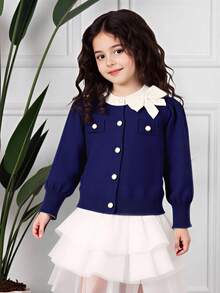 年轻女孩的海军蓝开衫 - 甜美厚重 3D 手工大蝴蝶结装饰，宽松百搭优雅针织长袖毛衣，柔软可爱时尚的女孩外套，适合日常穿着、外出和旅行，非常适合秋冬季 - 藏蓝色 - 查看 3