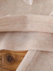 SHEIN 女宝宝0-3岁杏色甜美蝴蝶结装饰可爱优雅圆领长袖毛衣搭配杏色针织裤套装，适合外出、休闲、生日派对 - 杏色 - 查看 5