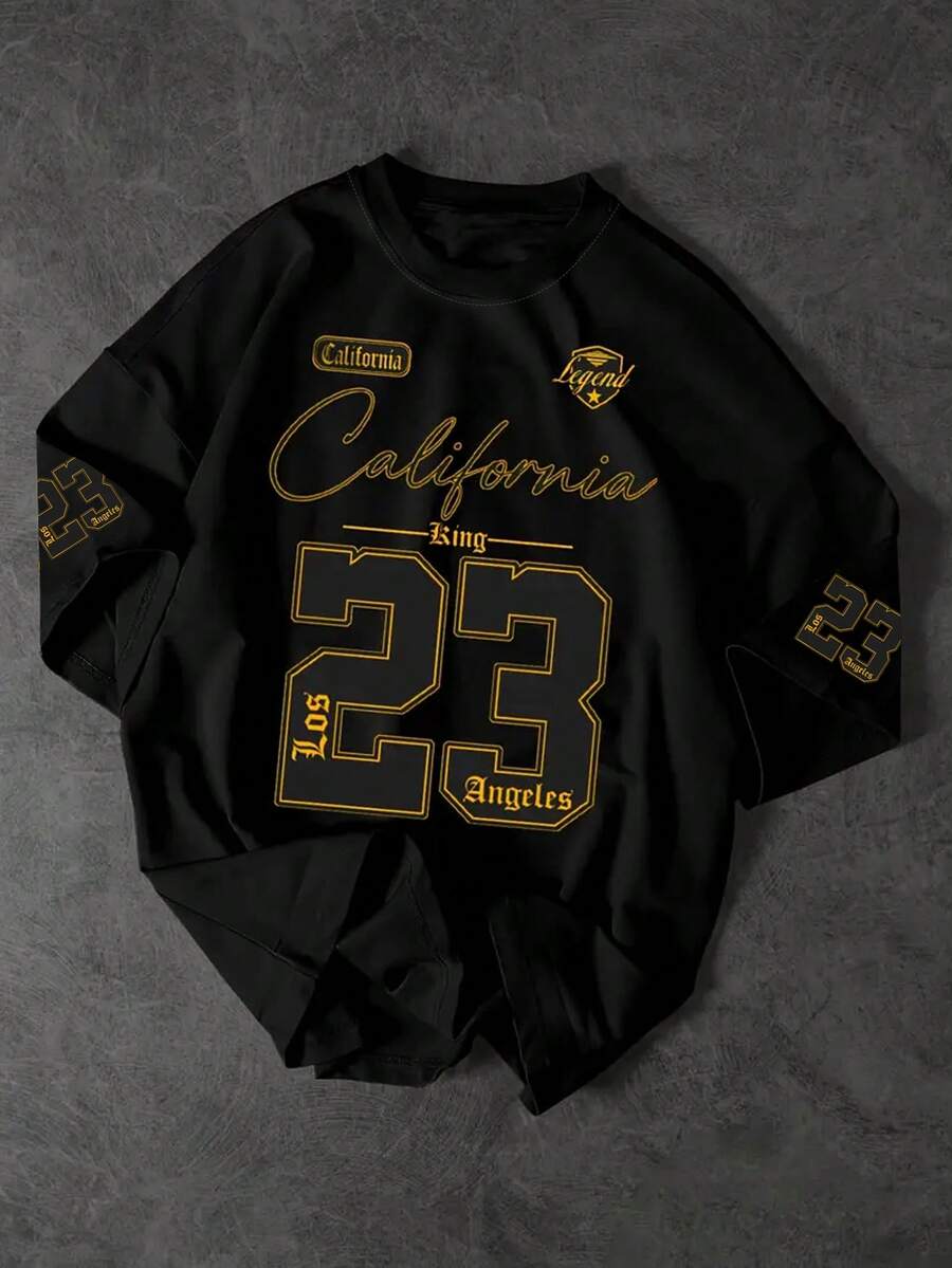 Manfinity Dauomo 男士休闲标语印花短袖T恤，夏季 - 黑色 - 查看 1