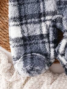 Newborn Hooded Romper, Plush Fabric, Classic Retro Brown Plaid Pattern, Cute Furry Ear Design, Zipper Closure, Long Sleeve Footie Pajamas, Infant Unisex Autumn/Winter Outfit - Blue - View 6