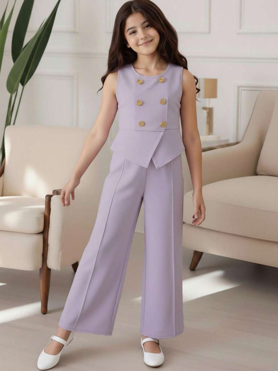 SHEIN 2件套少女休闲优雅简约通勤上衣外套和裤子套装 - 淡紫色 - 查看 1