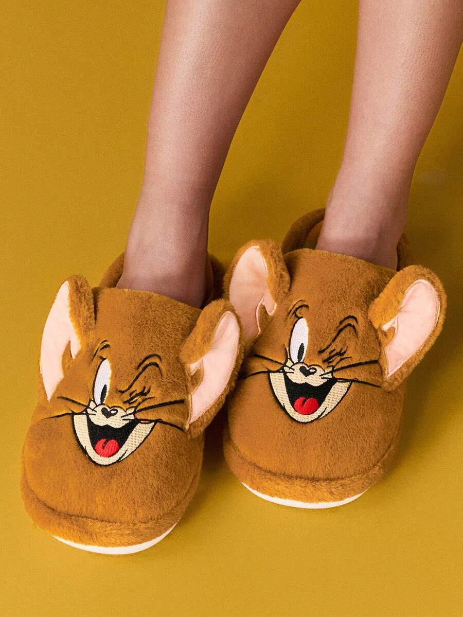 TOM & JERRY X SHEIN Dép đi trong nhà chống trượt họa tiết hoạt hình thêu 3D thời trang cho bé gái, chất liệu vải nhung mềm mại, ấm áp, đế bền, phòng ngủ, phòng máy lạnh, mùa xuân thu, phù hợp cho cả nam và nữ, màu nâu nhạt - màu nâu - Xem 1