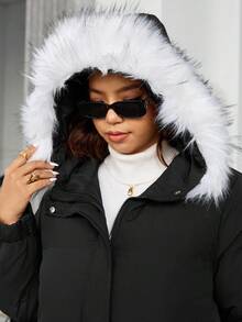Easura Plus Size Long Sleeve Hooded + Detachable Fur Collar Long Padded Coat - Black - View 8