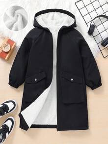 SHEIN Tween Girls' Loose Casual Minimalist Comfortable Hooded Fluffy Lined Mid-Length Jacket With Large Pockets - Black and White - View 7