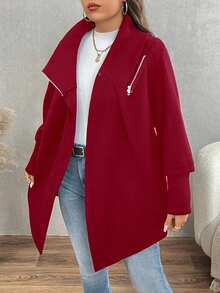 EMERY ROSE Christmas Plus Size Casual Solid Color Asymmetric Hem Woolen Coat, Autumn/Winter - Burgundy - View 7