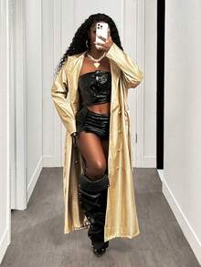 BamGleam Women's Solid Color Lapel NeckLong Sleeve Long Belted Trench Coat, Autumn - Gold - View 1