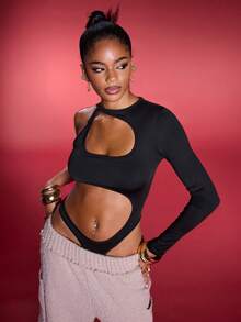 Normani Women's Spring/Summer Solid Color Round Neck Long Sleeve One Shoulder Hollow Out Sexy Slim Bodysuit - Black - View 7