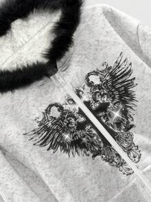 ROMWE MEN Goth 男士秋冬十字翅膀图案拉链连帽蓬松休闲卫衣，长袖上衣 - 彩色 - 查看 3