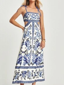 CAJUNI Women's Floral Print Hollow Out Waist Vacation Slip Dress