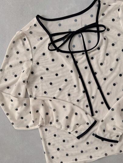 FRIFUL Women's Square Neck Bowknot Decor Polka Dot Tight Fitted Sheer Sweet Blouse