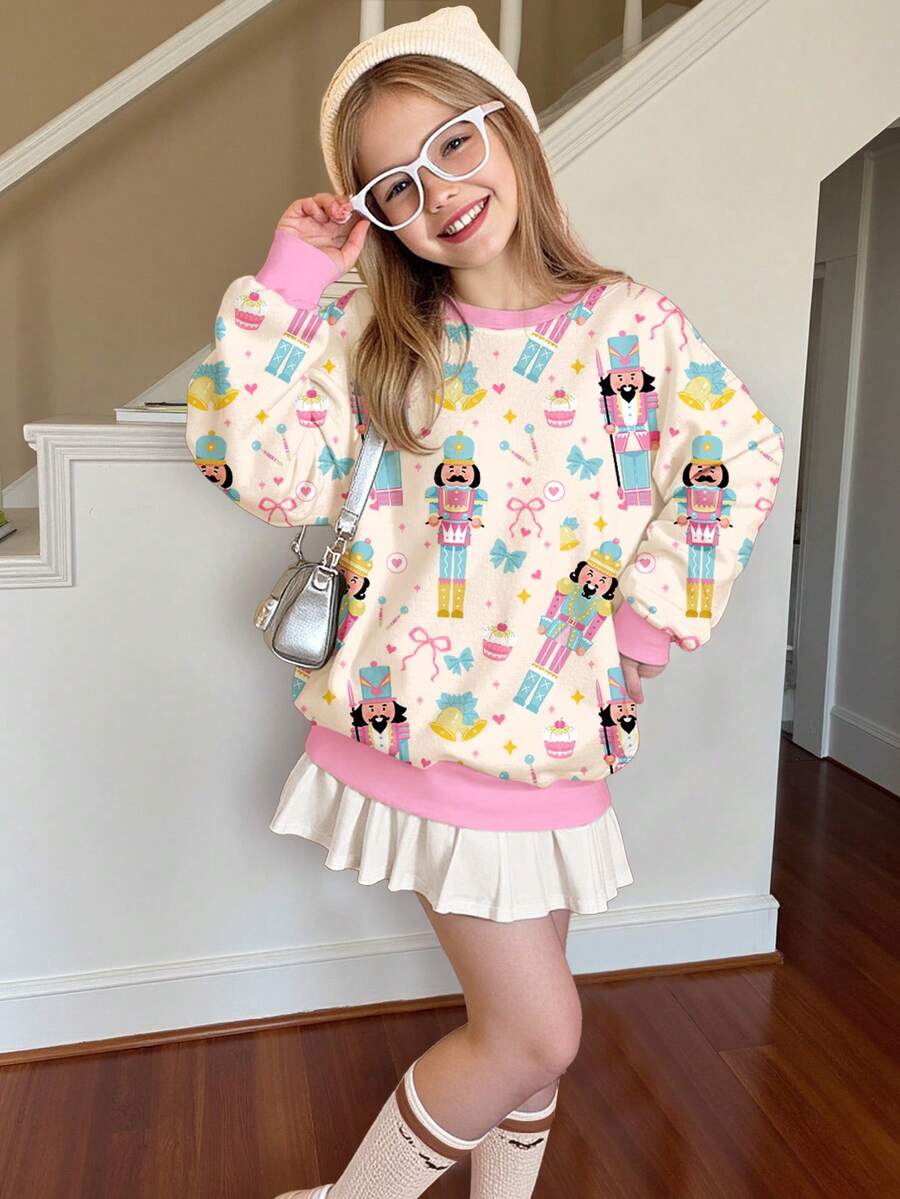 SHEIN Leap Crew 亮粉色圣诞系列，甜美少女系列，蝴蝶结爱心胡桃夹子士兵印花少女休闲简约舒适保暖加厚柔软圆领长袖卫衣，适合秋冬季日常穿着、圣诞节、新年、街头风、居家穿着。 - 彩色 - 查看 1