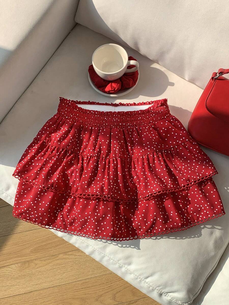 Comfortcana 2025新款秋季女式休闲波点印花蛋糕可爱半身裙，夏季红色半身裙，适合感恩节、新年和圣诞节穿着。 - 紅色 - 查看 1