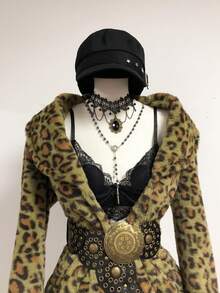 SHEIN Unity Women's New Autumn/Winter Leopard Print Lapel Cardigan Rabbit Fur Coat, Vintage Style - Army Green - View 4