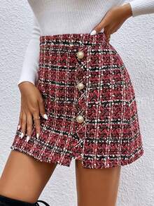 Calvaya Váy ngắn thanh lịch trang trí nút kim loại kẻ caro cho nữ - Đỏ - Xem 6