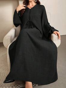 Al Najma 女士优雅宽松舒适蝴蝶结竹结亚麻长裙女装 - 黑色 - 查看 8