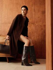 CUCCOO BIZCHIC Women's Pointed Toe Button Design Daily Wear Chunky Heel Over-The-Knee Boots