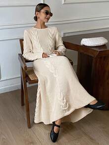 Livesso 女式秋季收腰圆领修身露背系带毛衣裙 - 杏色 - 查看 5