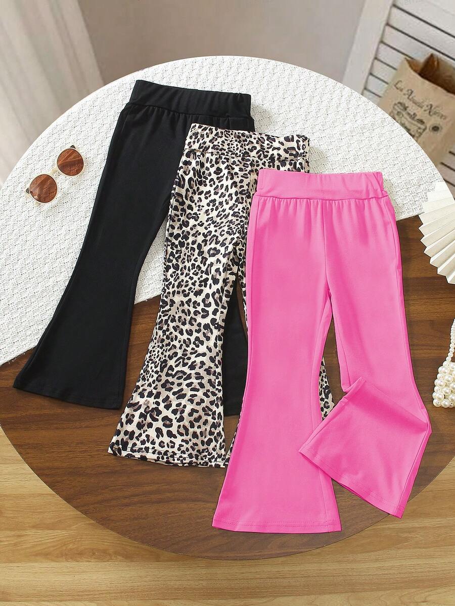 Bộ 3 quần legging dệt kim co giãn màu đen in hoa và da báo dành cho bé gái, thích hợp để mặc nhiều lớp hoặc mặc ở nhà vào mùa thu/đông. - Nhiều màu - Xem 1