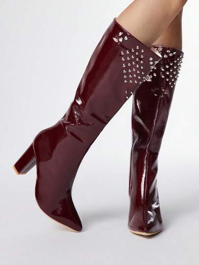 Grunge Punk Women's High Heel Boots, Versatile Elegant Pointed Toe Fashion PU Thick Heel Boots, Autumn/Winter