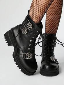 ROMWE Grunge Punk 女式深色哥特式/朋克系带星星装饰厚底粗跟踝靴，Y2K 派对礼服靴配腰带扣，2025 骑士靴适合所有季节，万圣节