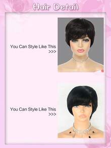 精灵短款假发，带仿头皮，直发，Remy 彩色真人发，机织短假发，自然黑色，女士假发