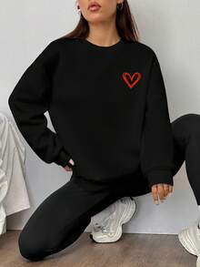 SHEIN EZwear Set de 2 piezas con sudadera de cuello redondo holgada y leggings ajustados con estampado de corazón - Negro - Ver 3