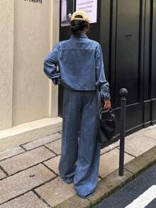 Muchica 浅蓝色女式长袖单排扣衬衫和裤子休闲牛仔套装 - 中等水洗藍 - 查看 2