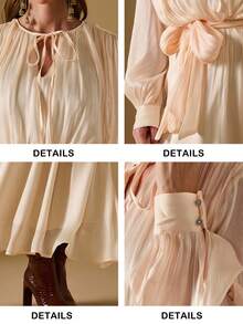 Briarwyn 女士纯色圆领灯笼袖系带时尚长裙，女士秋季服装，圣诞服装，新年服装，女士优雅连衣裙，复古风格女装 - 杏色 - 查看 7