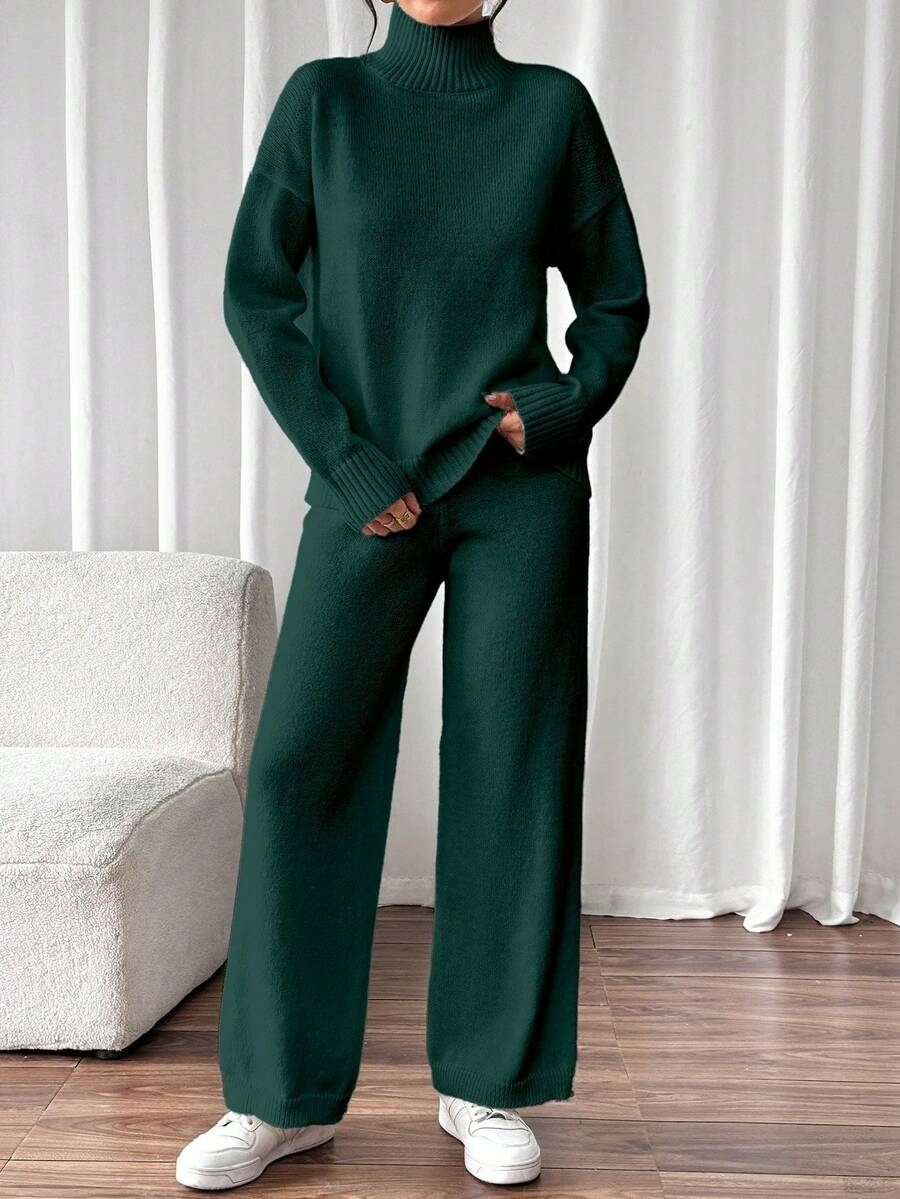 EMERY ROSE 2件套休闲纯色立领毛衣和针织裤，秋冬 - 墨綠色 - 查看 1