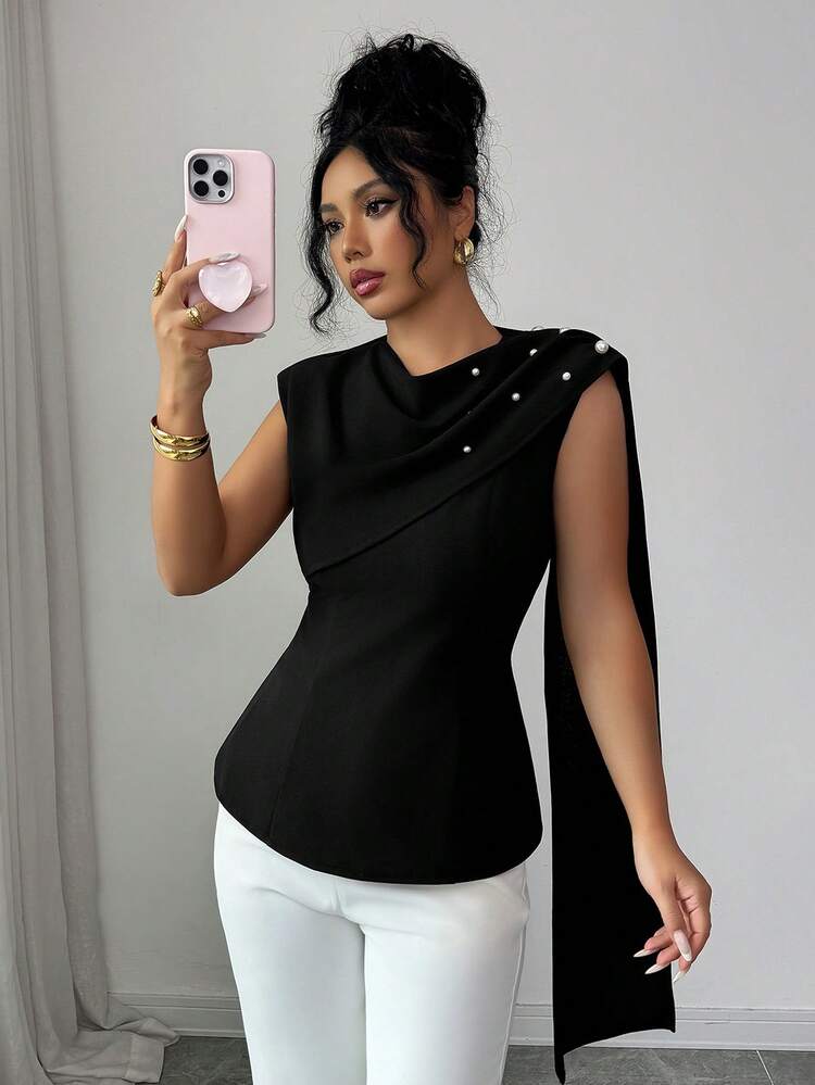 Women's Sleeveless Pearl Decor Stylish Versatile Slimming Elegant Blouse, Summer