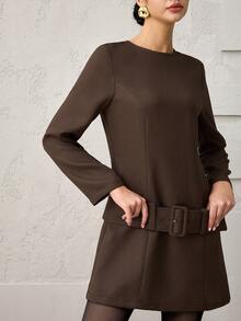 Heiryn 女式纯色圆领长袖系带休闲短款连衣裙 - 棕色 - 查看 5