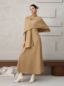 Heiryn 2 Stücke Damen Set aus einfarbigem Kleid mit Stehkragen und ärmellos mit Rüschensaum und Überwurf