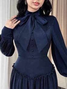 Feyla Damen elegantes Partykleid Einfarbig mit Schleifen-Kragen - marineblau - Übersicht 3
