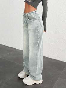 SHEIN Cottnline 100% COTTON HIGH WAIST BUTTON DETAILED WIDE LEG JEAN - Light Wash - View 7