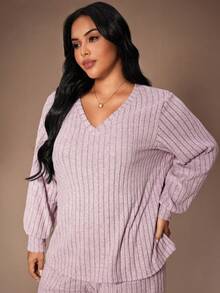 Lazeform Plus Size Knit Ribbed V-Neck Long Sleeve Top & Pants Pajama Set, Winter Clothes - Mauve Purple - View 5
