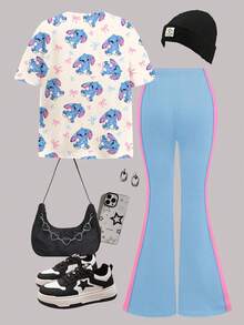SHEIN Leap Crew 两件套少女休闲宽松短袖圆领T恤和喇叭裤套装，米白色，可爱卡通蓝色兔子图案，粉色撞色滚边，适合秋季穿着。 - 白色 - 查看 2