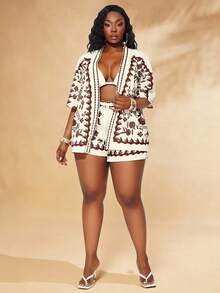 SHEIN SXY Plus Size Women's Spring&Summer Elegant Sexy Holiday Floral Printed Beach Set With Short Sleeve Shirt And Elastic Waist Shorts 2PCS-SET,Suitable For Everyday Wear,Two Pieces Set Women 2 Pieces Vacation Set,Boho,Bohemian,Outing,Resort,Beach Vacation,Holiday,Seaside,Western Wear,Music Festival,Concert,Carnival Party,Richly Layered,Date Night,Ibiza,Nashville,Break,Modest,Chic,Club,Cute,Casul,Shopping, Streetwear,Going Out,Coquette,Easy To Match&Looks Slim,Accent Your Body,Flatter The Figure - Multicolor - View 6