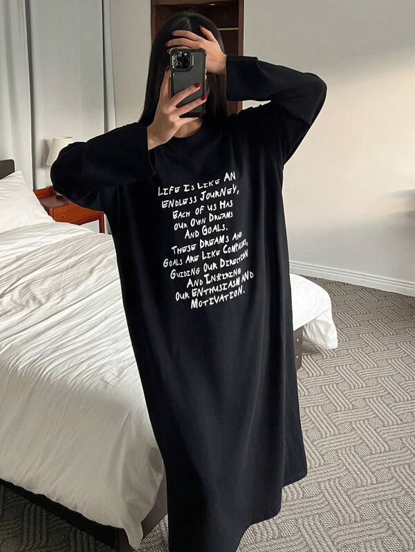 DAZY Women's Loose Letter Print Long T-Shirt Style Nightgown, Autumn/Winter