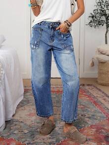 SHEIN PETITE Women's Casual Washed Flared Leg Jeans - Blue - View 3