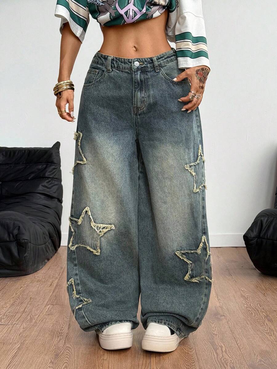 Coolane Tween Girls Fall/Winter,Warm/ Cold Weather/ Thermal,Streetwear Rapper Comfortable Athleisure Grunge Star Pattern Washed Comfortable Jeans,Christmas, Clothes For New Year,Thanksgiving - Blue - View 1
